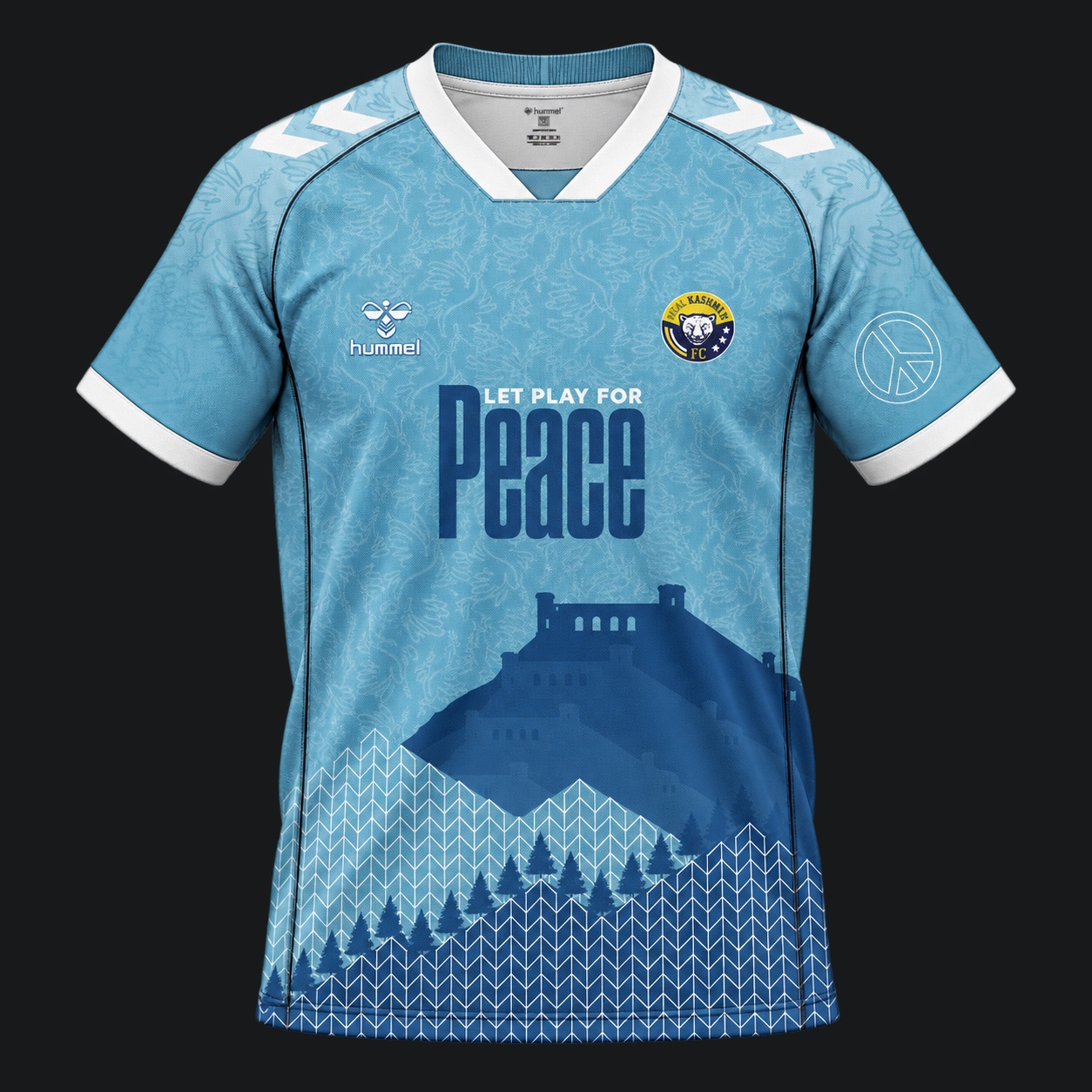 Sky-blue Real Kashmir FC Hummel International Peace Jersey mockup, blended into the dark portfolio panel
