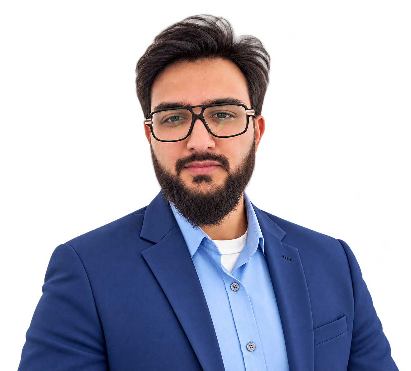 Transparent close-up portrait of Yasir Malik, framed from head to chest