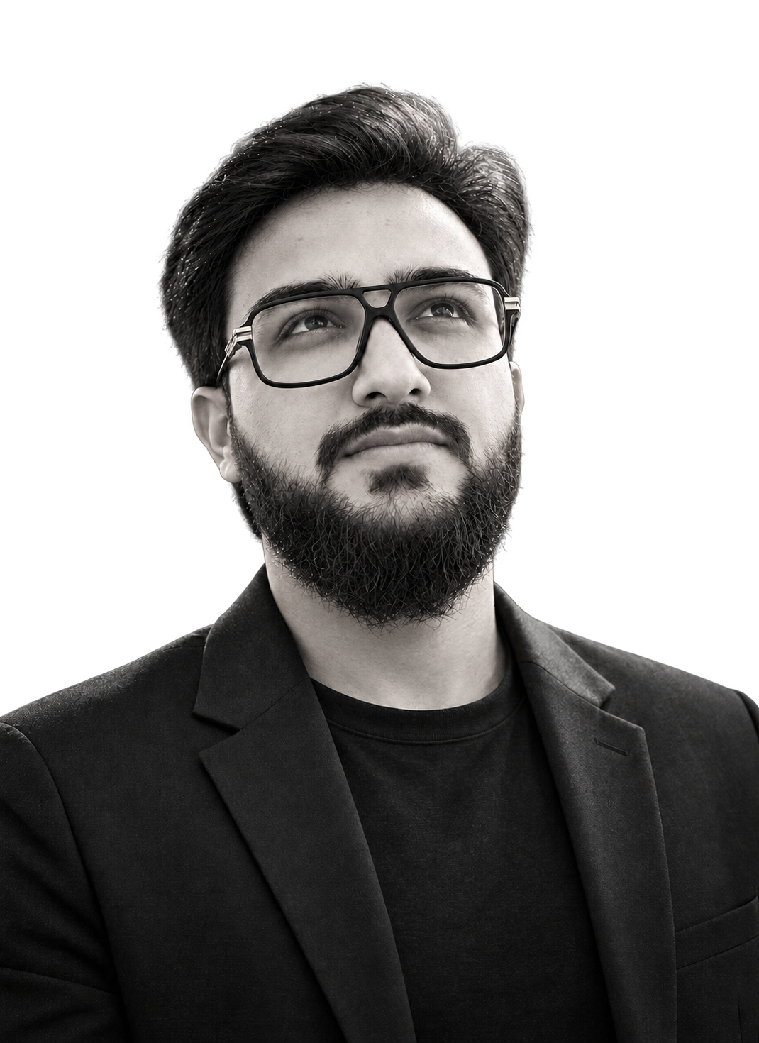 Yasir Malik looking upward in a dramatic monochrome portrait, isolated on transparent background